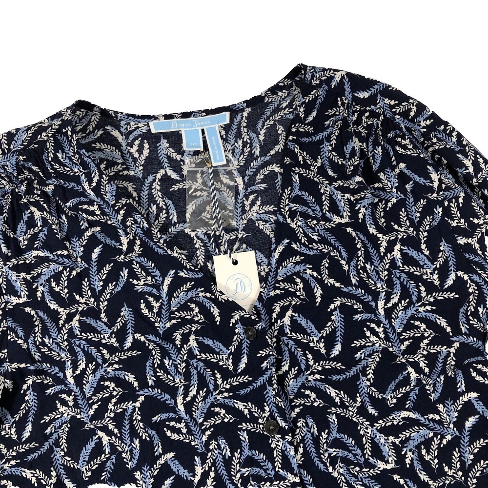 Draper James Shirt Women's Size 10 Blue Multi‎ Fern Print Button Up Tie Blouse